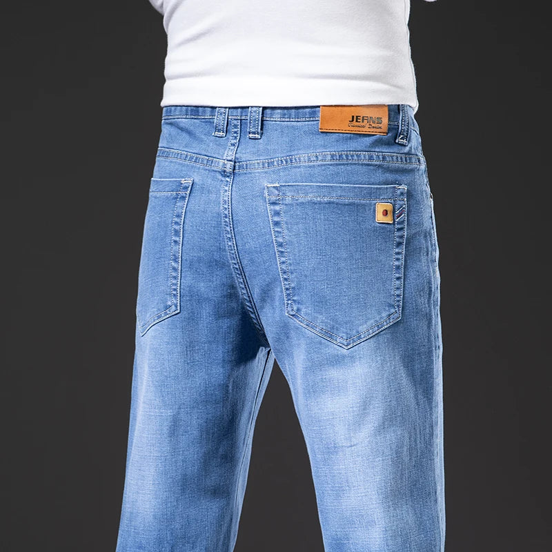 Große Größe 40, 42, 44, 46, lockere, gerade Jeans für Herren, Herbst, neue Business-Casual-Stretchhose, klassische blaue Denim-Hose für Herren