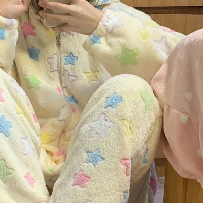Y2k Star Printed Pajama Sets Women Winter Coral Velvet Soft Warm Loose Gentle Girlish Kawaii Student Dormitory Sleepwear Comfort.