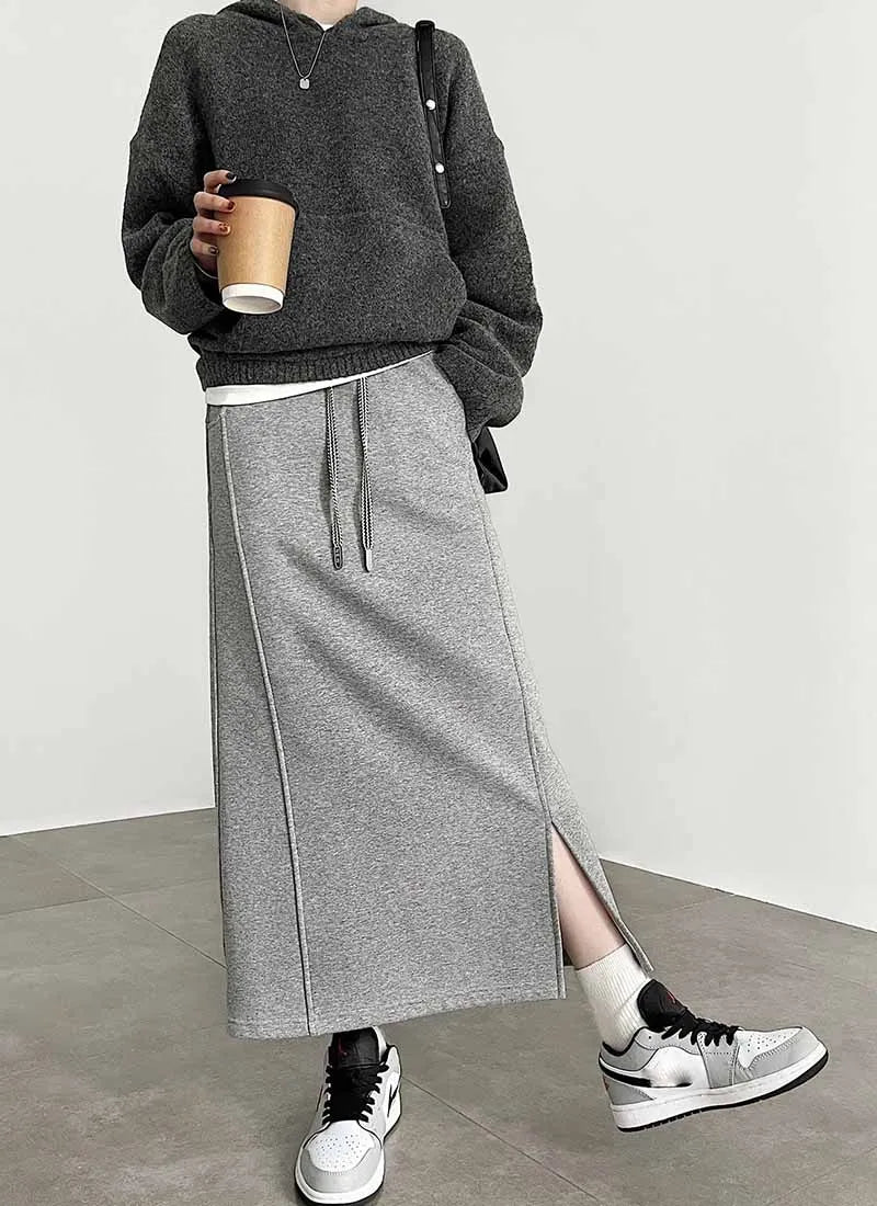 Women's Gray Split Midi Skirts Elasticity Waist Casual Loose Long Skirts Female Autumn Winter Thicken Plus Velvet Straight Skirt.