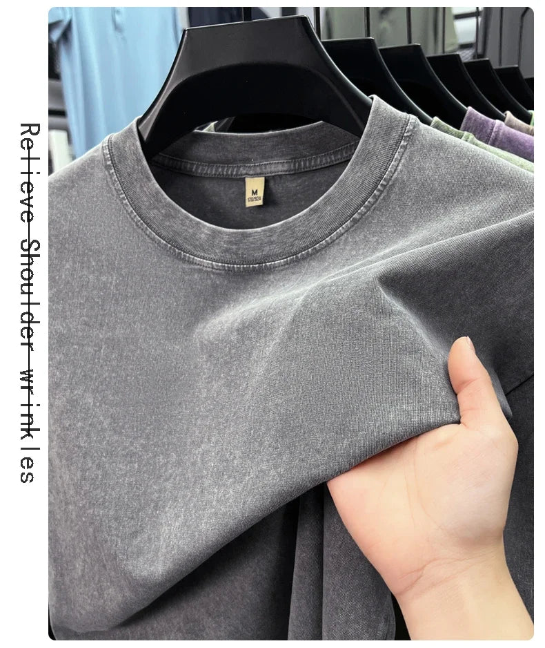 Personality washed vintage short sleeve T-shirt high-end 100% pure cotton men fashion round neck comfort lightweight casual top