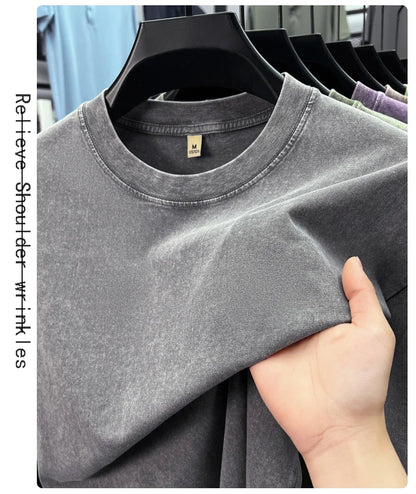 Personality washed vintage short sleeve T-shirt high-end 100% pure cotton men fashion round neck comfort lightweight casual top