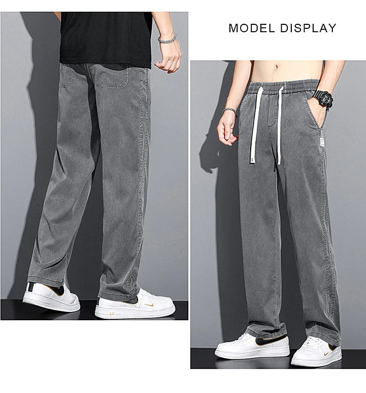 2024 Spring/Summer New Soft Lyocell Fabric Men's Jeans Thin Loose Straight Leg PantsDrawstring Elastic Waist Korean casual pants.