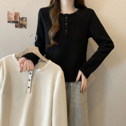 New Autumn and Winter Half-open Lace Front Shoulder Long-sleeved T-shirt Plus Velvet Warm German Velvet Women's Top.