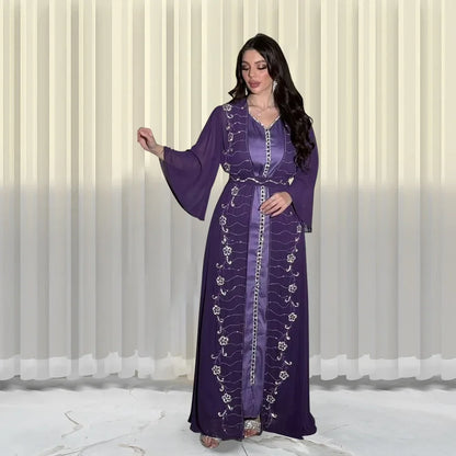 Autumn Fashion Muslim Dresses for Women Muslim Long Sleeve V-neck Party Evening Long Abay Dress Suit Inner and Abaya Outfits