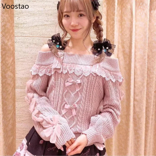 Vintage Sweet Lolita Style Knitted Pullover Autumn Girls Cute Off Shoulder Lace Ruffles Bow Sweater Women Harajuku Knitwear Tops.