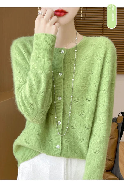 2024 Autumn And Winter New Round Neck Hollowed Out 100 Wool Knitted Cardigan Women's Versatile Coat Loose Casual Sweater DMR281