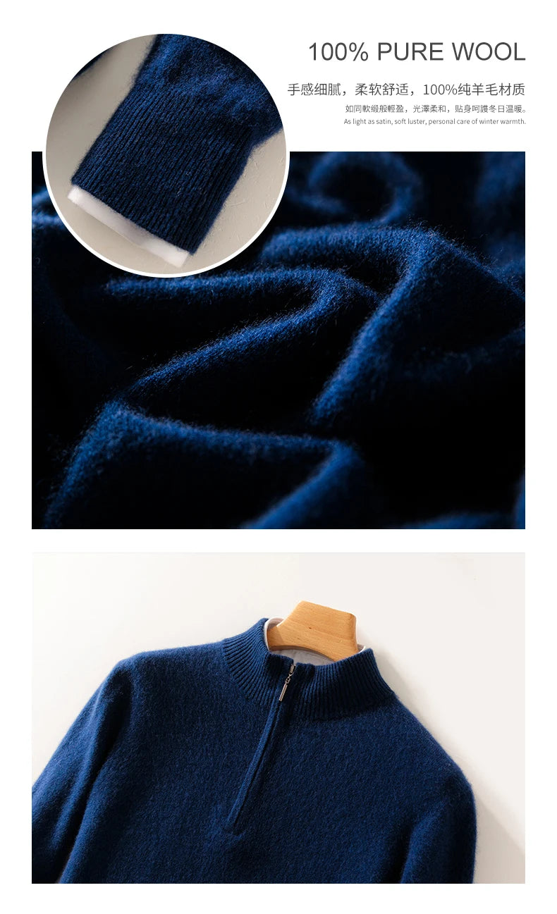 Autumn Winter Men's 100% Merino Wool Sweater Mock Collar Half Zip Knitted Pullover Cashmere Sweatshirt Casual Long Sleeved Tops