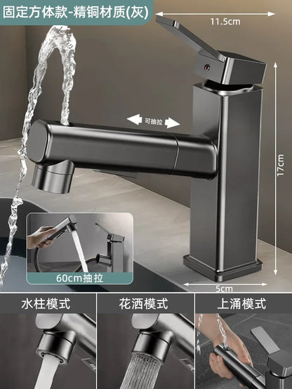 Pull Out Bathroom Faucet Hot and Cold Water Mixer Basin Sink Three Mode Water Outlet Faucet Washbasin Tap