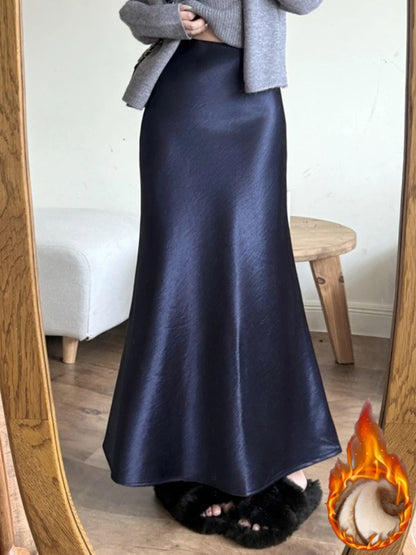 High Waist Women's Fleece-Lined Thickened Elegant Long Skirt Satin Mermaid Skirt Elegant Drapey Bodycon Skirt For Autumn Winter.