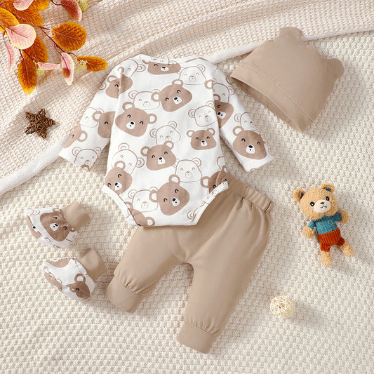0-9 Months Baby Boy Set Little Bear Long Sleeve Bodysuit+Pants+Hat+Socks 4pcs/Set Baby Spring Autumn clothing Newborn set.