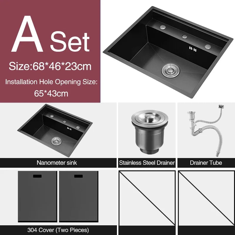 Nanometer Double Cover Hidden Kitchen Sink 304 Stainless Steel 3 Holes Handmade Single Large Size Kitchen Hidden Sinks