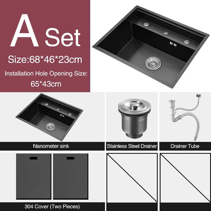 Nanometer Double Cover Hidden Kitchen Sink 304 Stainless Steel 3 Holes Handmade Single Large Size Kitchen Hidden Sinks