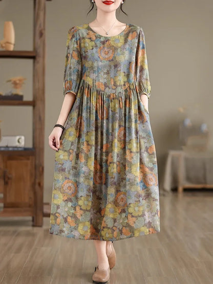 Kurzarm übergroße Baumwolle Satin Vintage Blumen neu in Kleidern für Frauen lässig lose lange Sommerkleid elegante Kleidung.