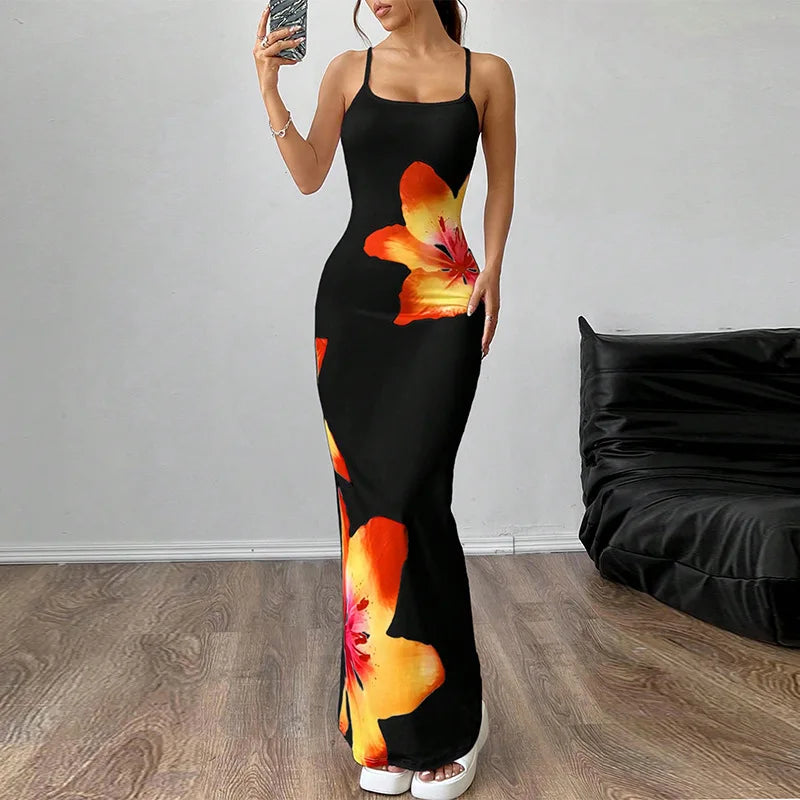 Frauen Floral Bedruckte Spaghetti Strap Slash Neck Maxi Kleid Sommer Backless Sexy Bodycon Strand Urlaub Urlaub Party Lange Dresse.