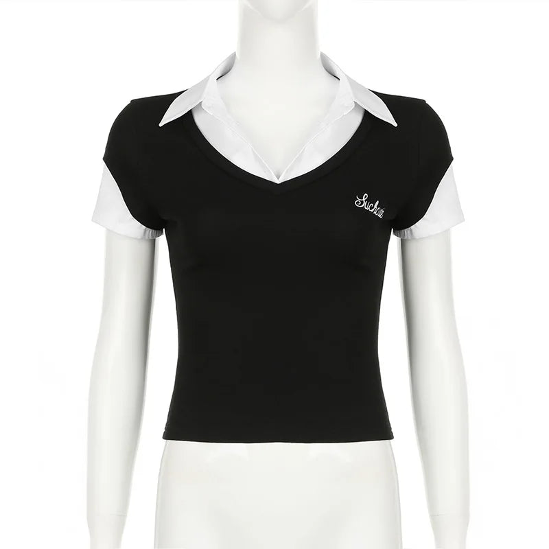 Women's Short Sleeve T-Shirt, Slim, Turn-Down Collar, Preppy Style, Patchwork, Casual, Summer Fashion, Fake 2 Piece, 2024.