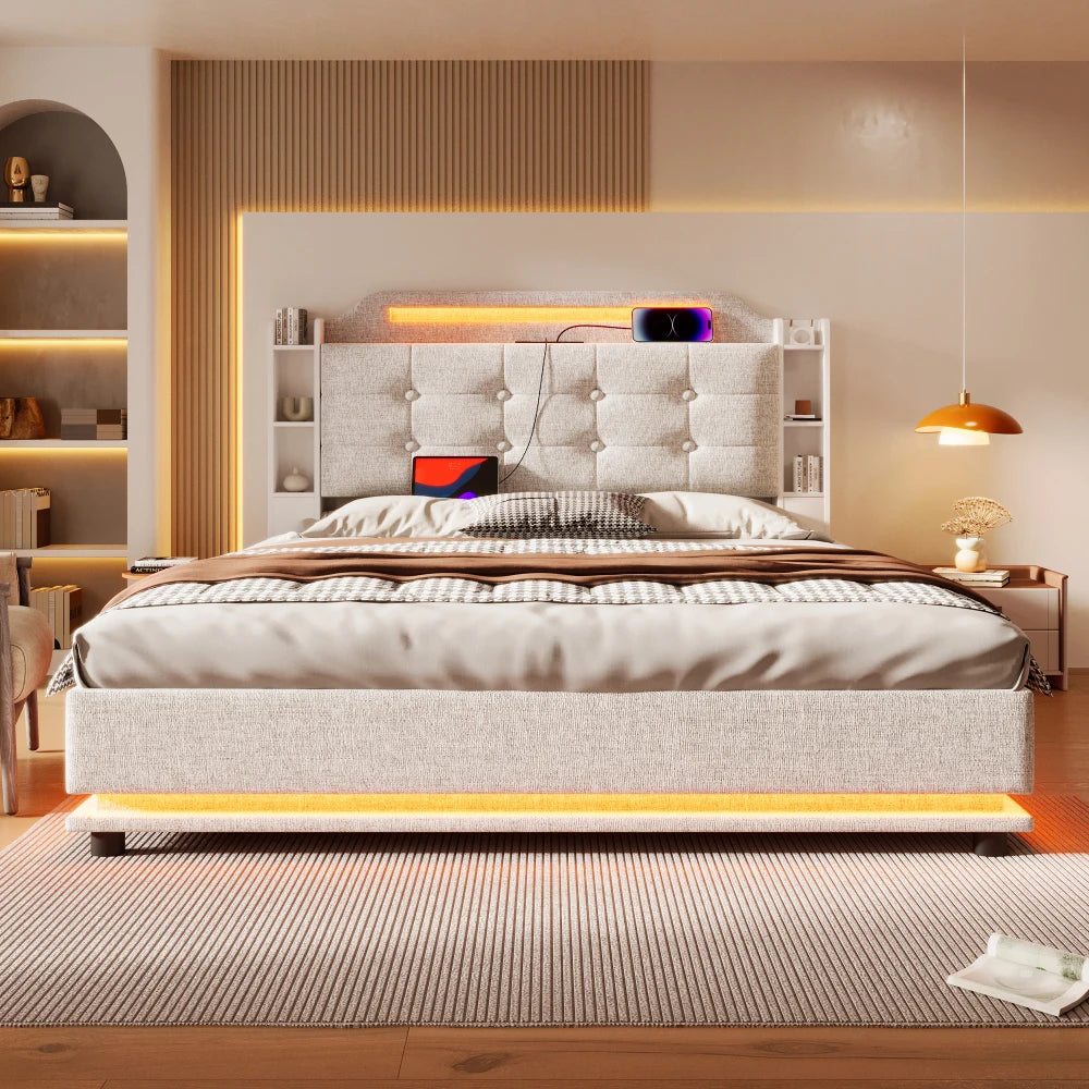 140*200cm Polsterbett mit LED-Lichtleiste und mehreren Ablagefächern, für Schlafzimmerwäsche, Beige (ohne Matratze)