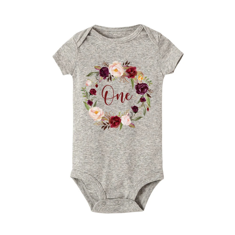 Kleinkind-Body mit Blumen- und Ein-Druck, lässig, kurzärmelig, für den ersten Geburtstag, Baby-Strampler, Sommer-Geburtstagsfeier, Blumenmädchen-Kleidung.