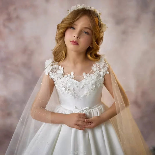 Weißes Mädchen-Hochzeits-Blumenmädchenkleid für Kinder, ärmellos, Ballkleid, langer Zug, Party, Festzug, Klavier, Rezital, Geburtstag, Leistung, Neu