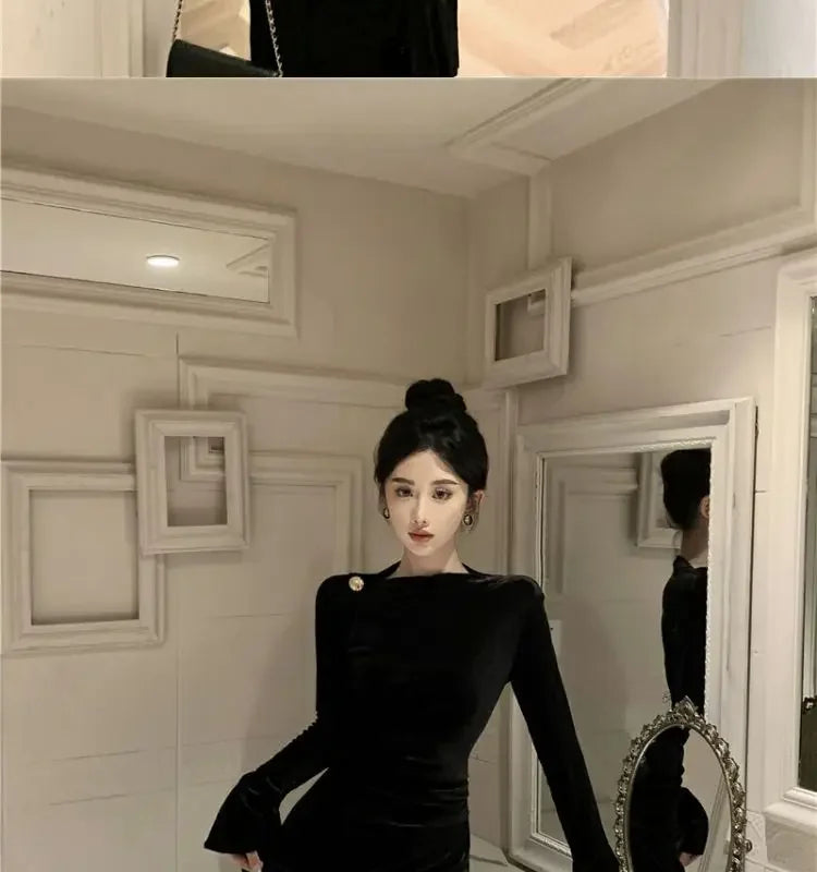 Internet Celebrity High-End-Samtkleid Leichtes, temperamentvolles, hoch tailliertes, schlankes, burgunderrotes Fischschwanzkleid.