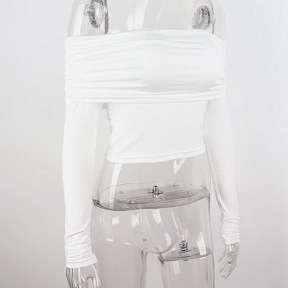 Women Off Shoulder Long Sleeve Slim Tops and Blouses Mesh Ruched Crop Tops Summer Autumn Y2K Sexy Elegant Shirts Female.