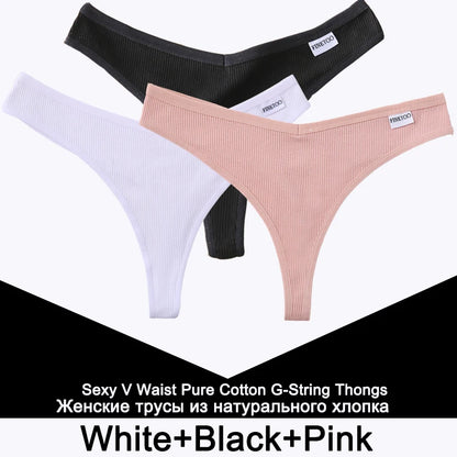 FINETOO 3PCS/Set G-string Panties Cotton Women's Underwear Sexy Panty Female Underpants Thong Solid Color Lingerie T-Back Design