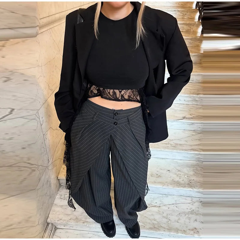 Chic Zwei Tasten Gestreiften Gefaltete Hosen Frauen Lose Taschen Breite Bein Hosen Weibliche 2026 Frühling Dame Pendeln Alle-spiel hose Neue