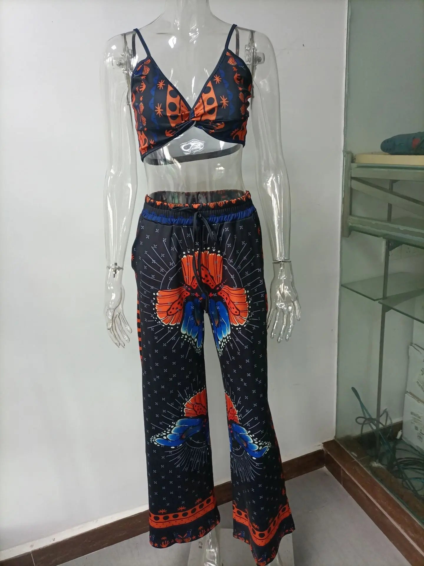 Sexy Two Piece Set Women Outfit 2025 Summer Butterfly Print V-Neck Cropped Top High Waist Drawstring Casual Wide Leg Pants Sets.