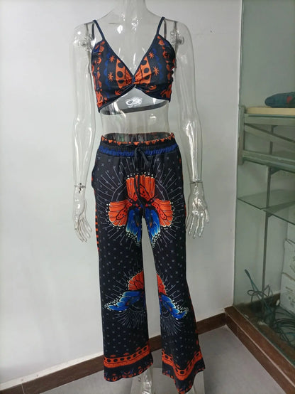 Sexy Two Piece Set Women Outfit 2025 Summer Butterfly Print V-Neck Cropped Top High Waist Drawstring Casual Wide Leg Pants Sets.