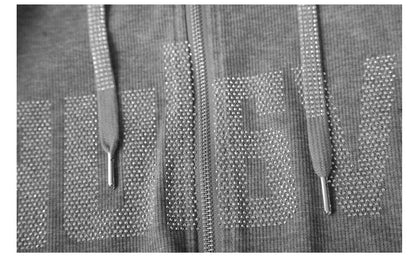 #7937Black Grey Women Hoodies Sweatshirt Tops Pullovers Diamonds Letters Slim Streetwear Short Hoodies Woman Zipper Korean Style