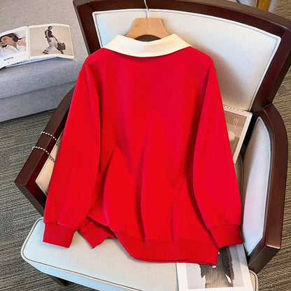 170kg plus size Damen büste Herbst lose Revers Langarm Sweatshirt schwarz rot 6xl 7xl 8xl 9xl 10xl 11xl