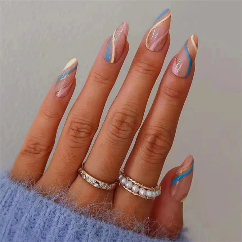 24Ps/Set White Ripple Glitter Chip Design Wearing False Nail French Full Cover Acrylic Press on Nail Almond Shape Fake Nail Tips.