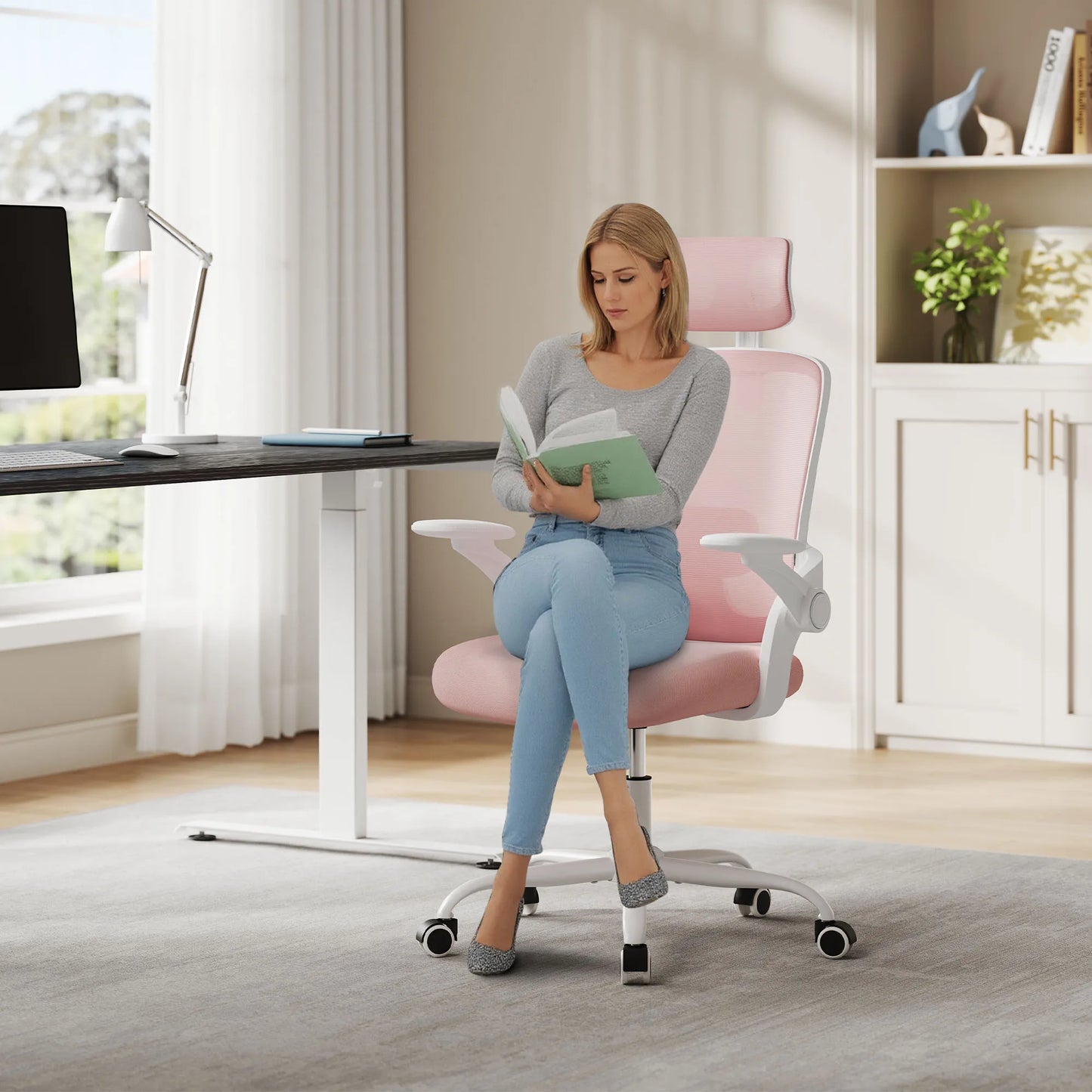 WOLTU Ergonomischer Netz-Bürostuhl, anhebbarer Gaming-Stuhl mit Kopfstütze, verstellbare Lordosenstütze, drehbarer Computerstuhl mit hoher Rückenlehne