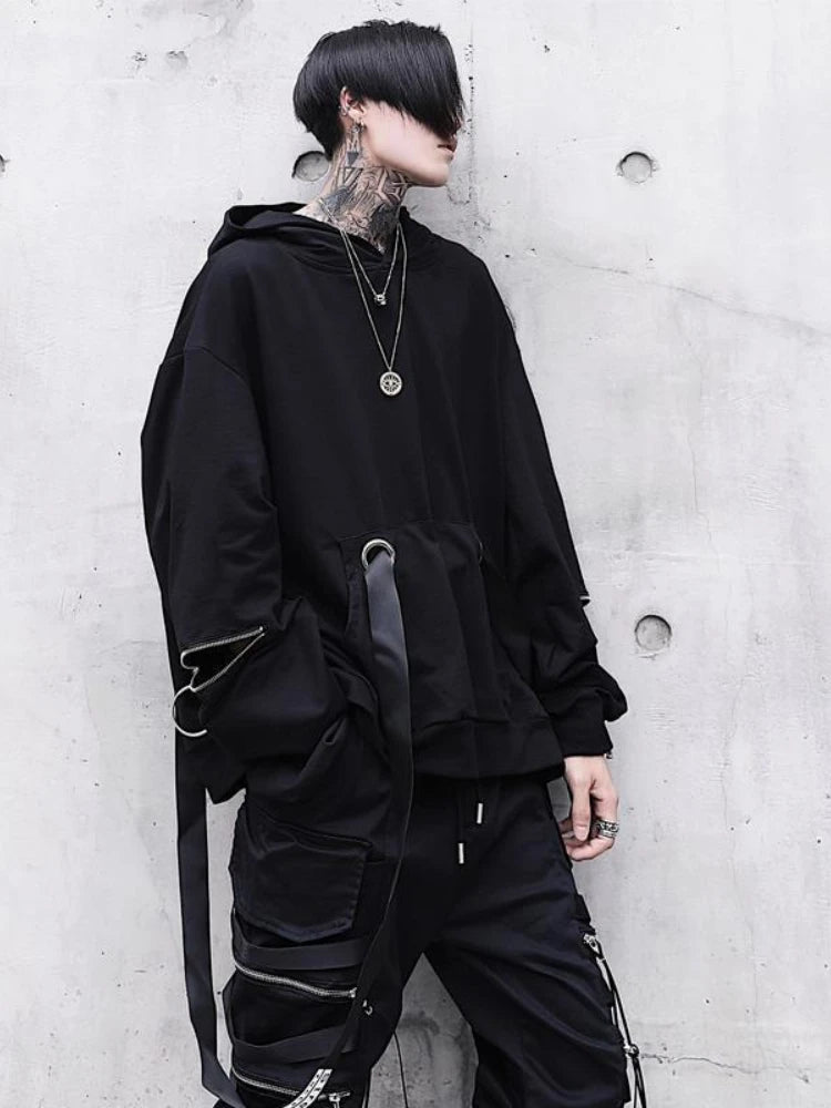 Men's Sets Black Hoodies+Pants Punk Graphic Zipper Hooded Sweatshirts Cargo Pant Men Oversized Loose Streetwear Suits.