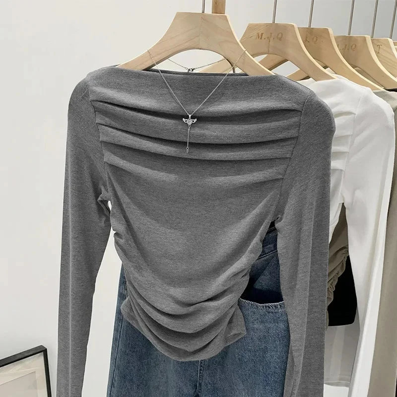 Spicy Girl Style One-Collar Ruffles Cropped Long Sleeve T-Shirt Women's Autumn/Winter New Arrival Base Layer Sweatshirt