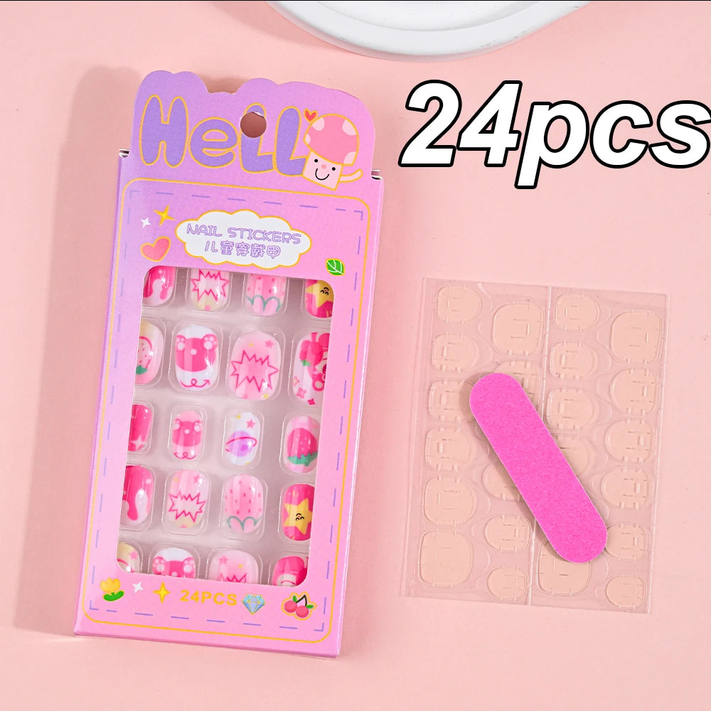 120pcs/box Pink Cartoon Children Press On Nails Candy Color Unicorn Cat Bunny Kids Full Cover False Nail Girls Party Nail Decora.