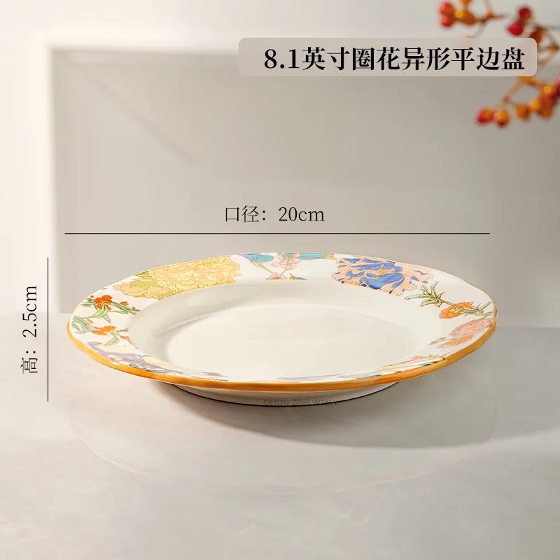 1PC Chinese-style Ceramic Plates New Flower-patterned Dinner Plates Ceramic Fruit Salad Plates Exquisite Kitchen Accessories