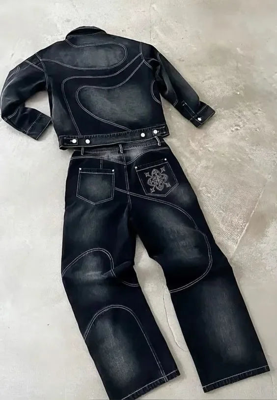 Retro Gothic Tracksuit Men New Y2k Jeans Men Clothes Oversized Striped Pattern Jacket Sweatpants Two Piece Set Clothes for Men.