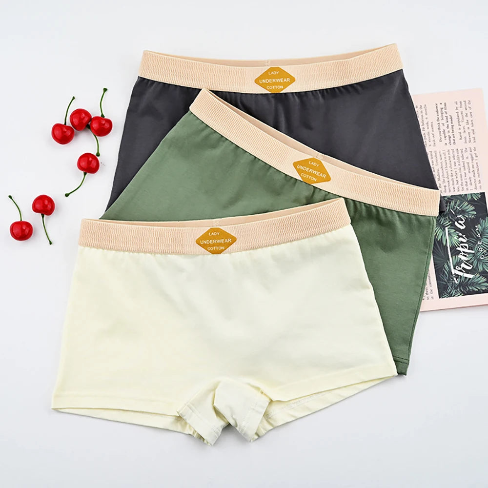 3PCS/Pack 100% Cotton Multicolor Solid Women's Boxer Knit Breathable Panties Underwear Soft High Elastic Mid-rise Thin Boyshorts