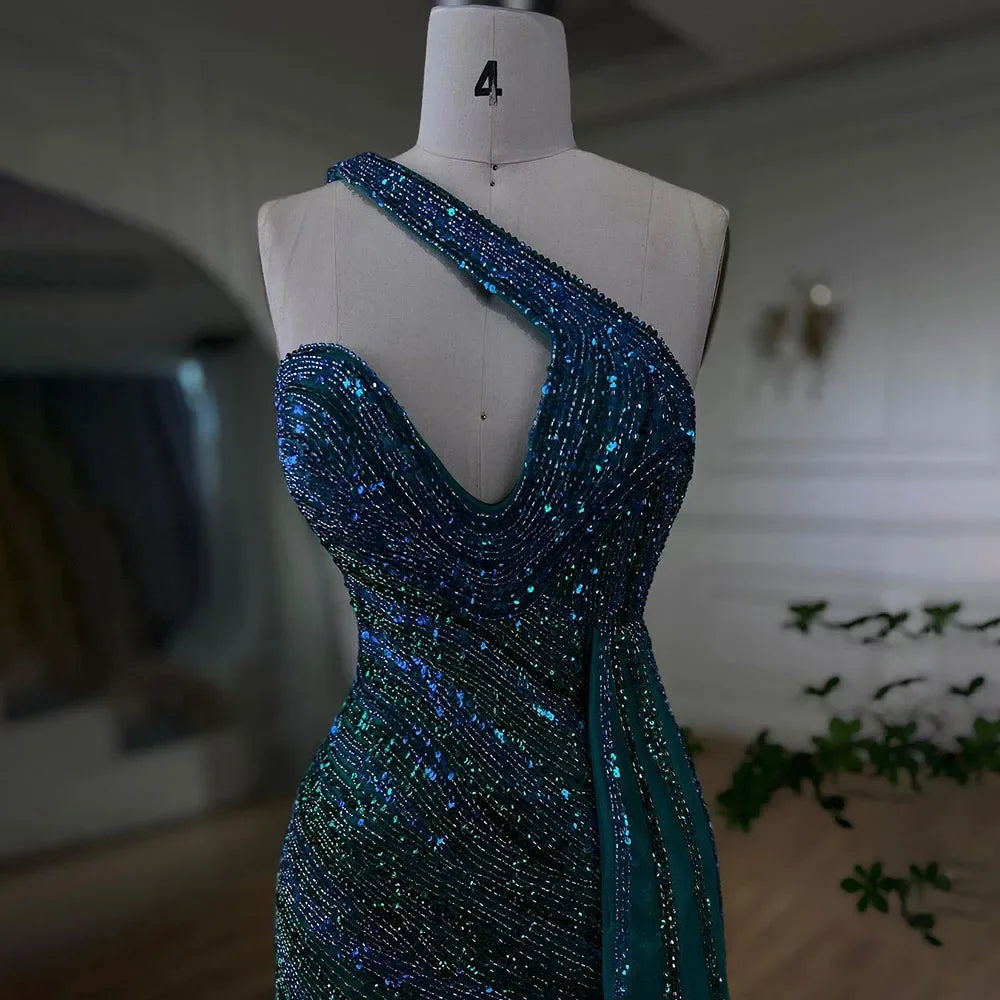 Blau Grün Meerjungfrau Sexy High Split One Shoulder Perlen Lange Abendkleider Kleider Anpassen Hochzeit Party BLA72104 Serene Hill