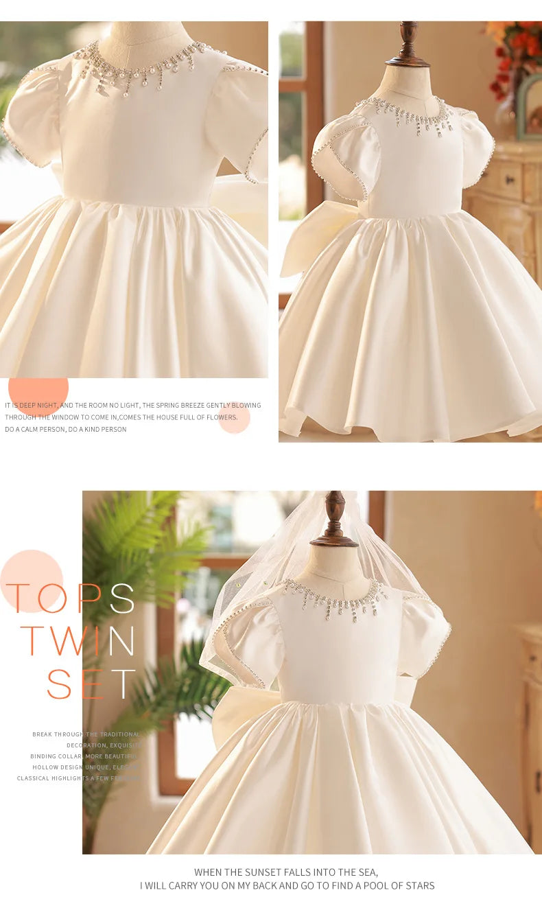 Sommer Solide Perlen Prinzessin Kleid Rundhals Elegante Kinder Brautjungfer Kleidung Luxus Kleider für Hochzeit Edle Kind Kleidung.