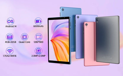 BAKEN 10-inch HD Display Android 14 Tablet, Quad-Core Processor, 4 (2+2)GB ROM + 32GB RAM, Bluetooth, Google Play.