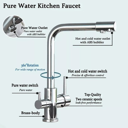 Chrome Brass Pure Water Kitchen Faucet Dual Handle Hot and Cold Drinking Water 3-way Filter Kitchen Purified Mixer Taps