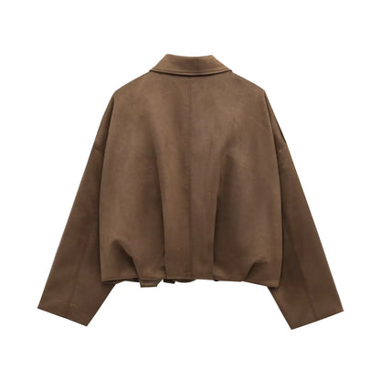 TRAFZA Damen-Jacke mit Wildleder-Textur, High Street, lange Ärmel, Umlegekragen, elastischer Reißverschluss, Knopfleiste, solider, trendiger Frühlingsmantel