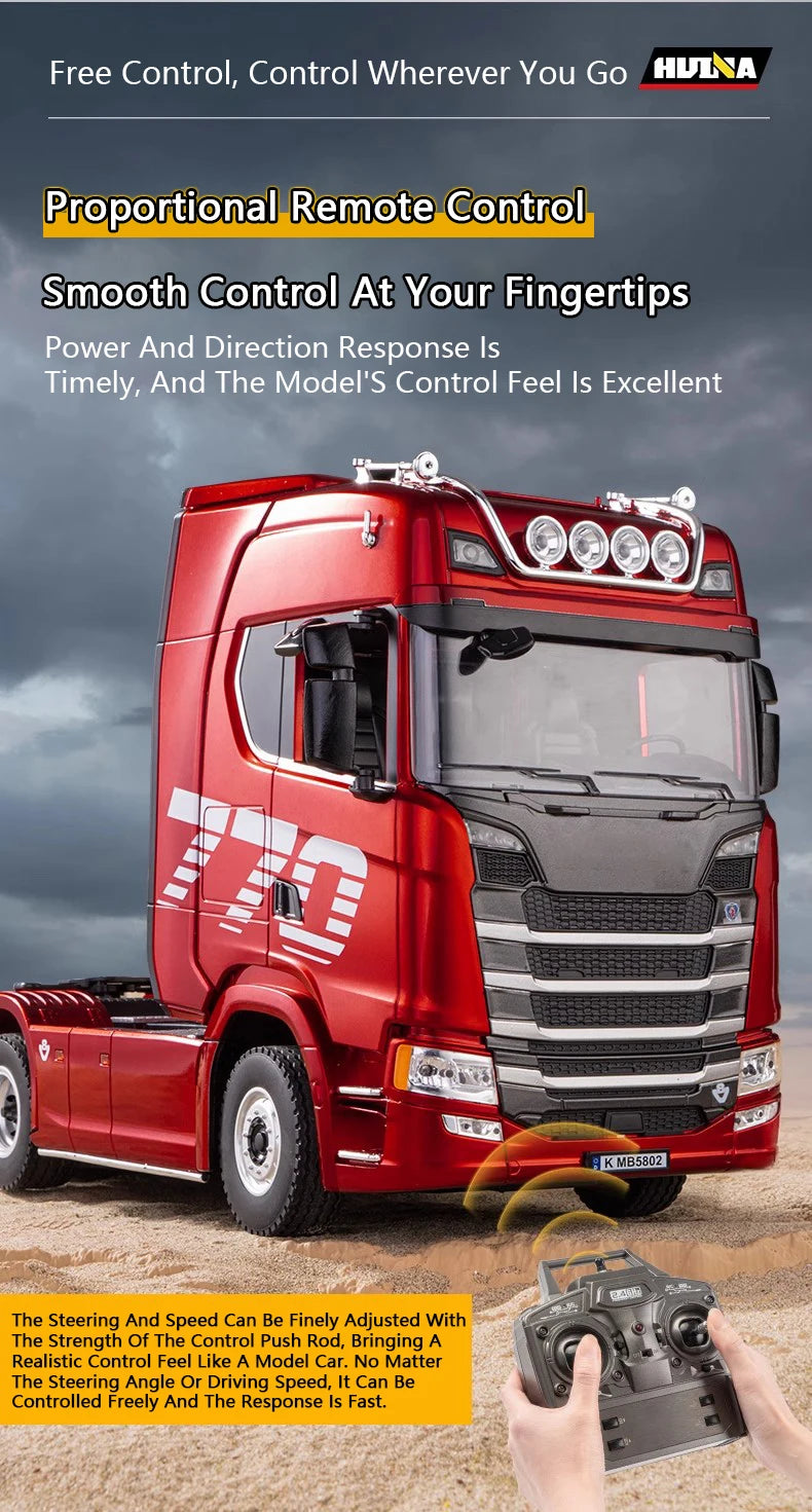 HUINA 1/18 19CH RC Truck 1501 770S Scania Alloy Tractor 2.4G Remote Control Engineering Trailer Truck with Light and Sound Toys.