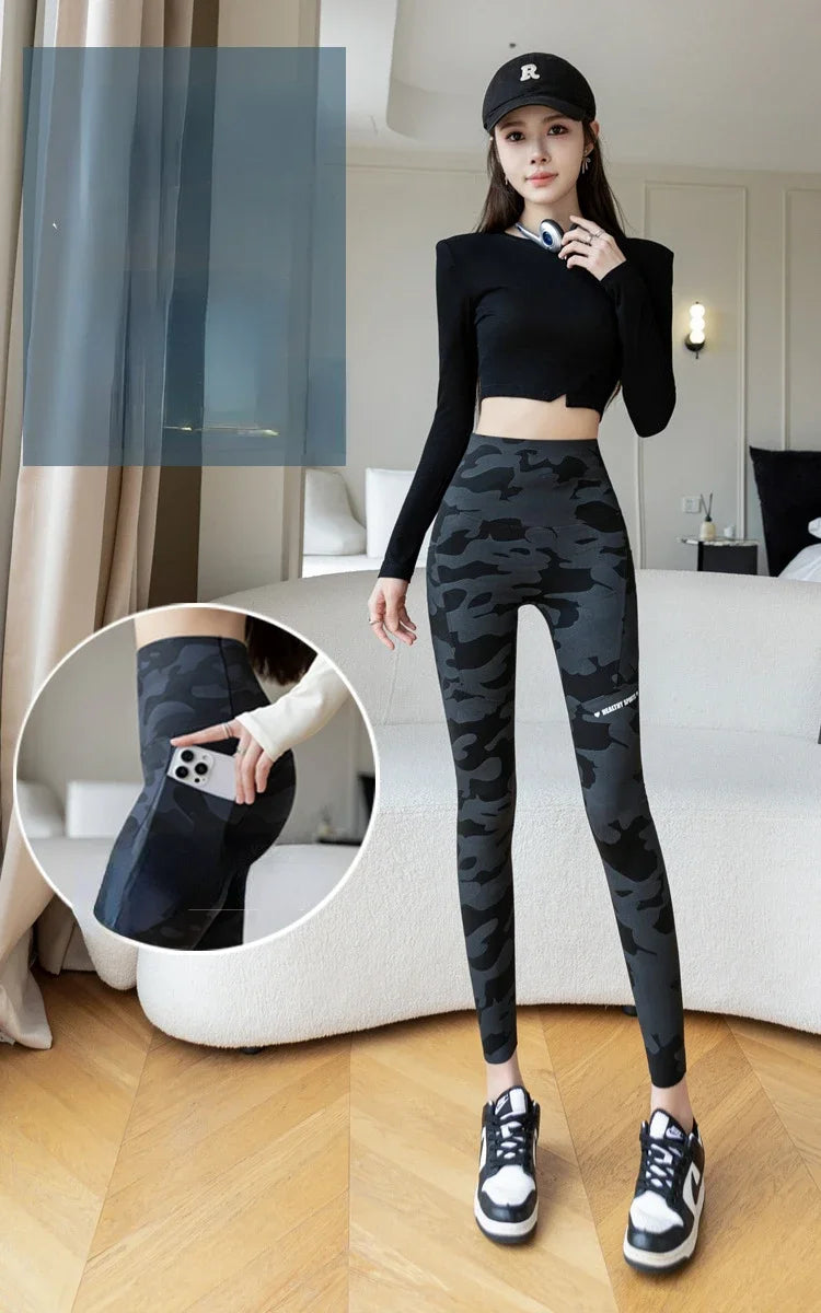 Women Camo Shark Pants High Waist Pocket Leggings Big Size Stretchy Casual Pants Fashion Skinny Yoga Fitness Pants.