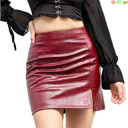 2025 Spring/summer Red Crocodile Pattern PU Skirt Ladies Slit Skirt Slim  Stretch Leather Skirts White Brown Black Green