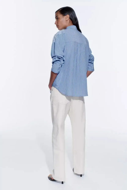 Spring 2024 New Arrival Women's irt Embroidered Flower Decorated Stripe Casual Loose Fit Long Sve Button up Polyester Fiber.