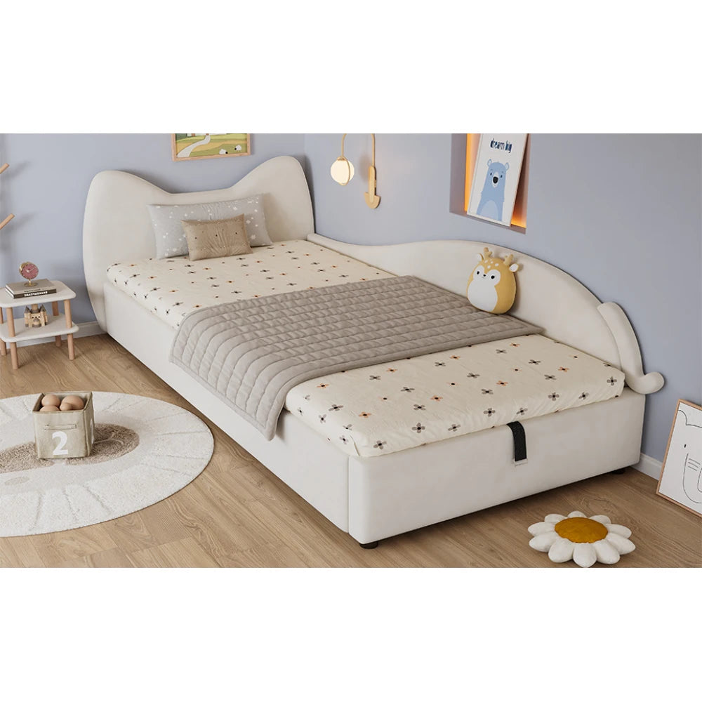 Polsterbett, Einzelbett, süßes Katzendesign, hydraulisches Bett mit Stauraum und Gürtelgriffen, stabiler Gitterrost, 90 x 200 cm