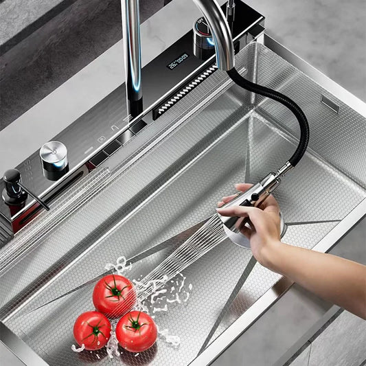 Silver Waterfalls Stainless Steel Kitchen Sink Multifunction Intelligent Digital Display Temperature Household Large Single Slot