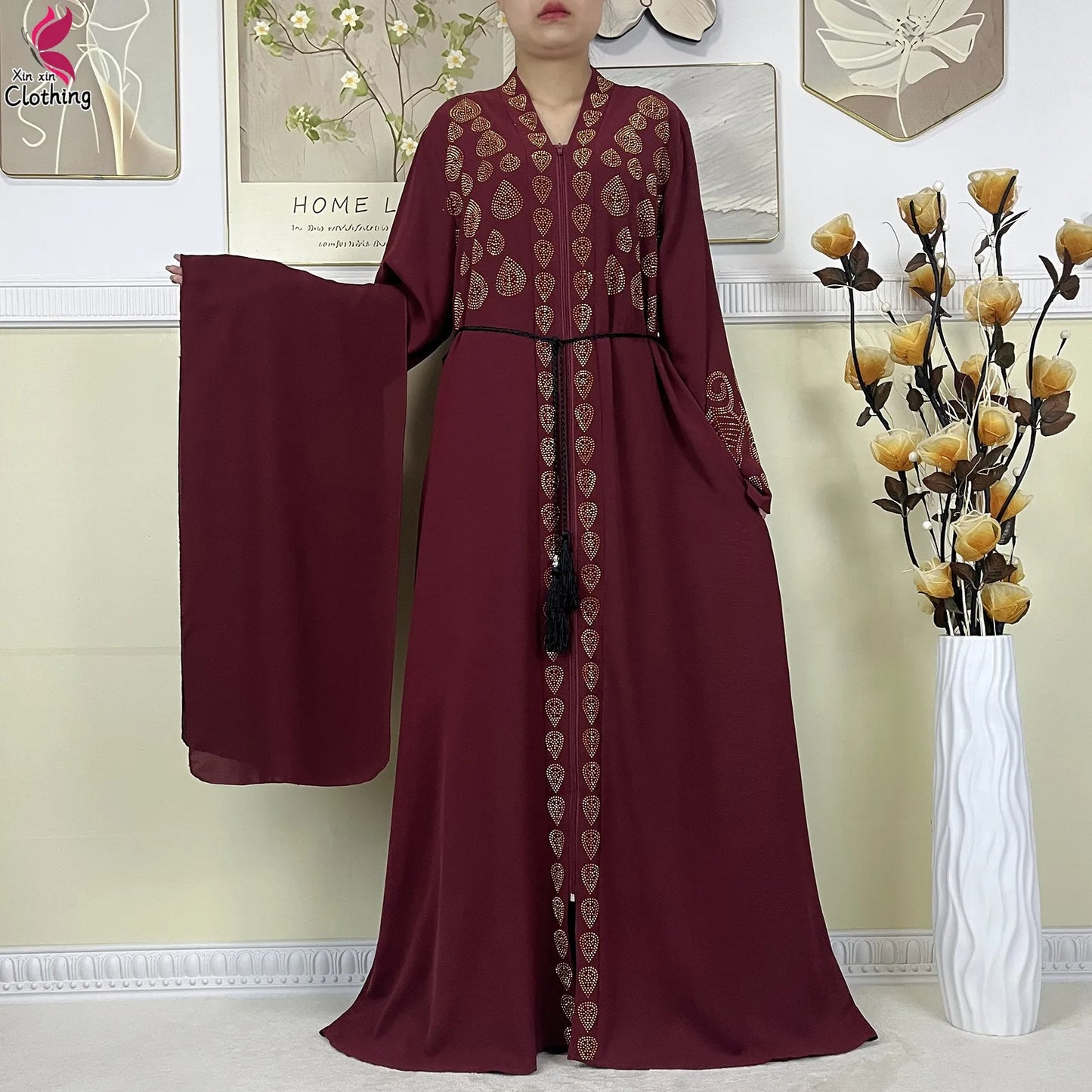 New Style Women Muslim Dress Chiffon Open Abaya 2024 Dubai Women Elegant Dress Islamic Clothing Zipper Cardigan Abaya With Scarf